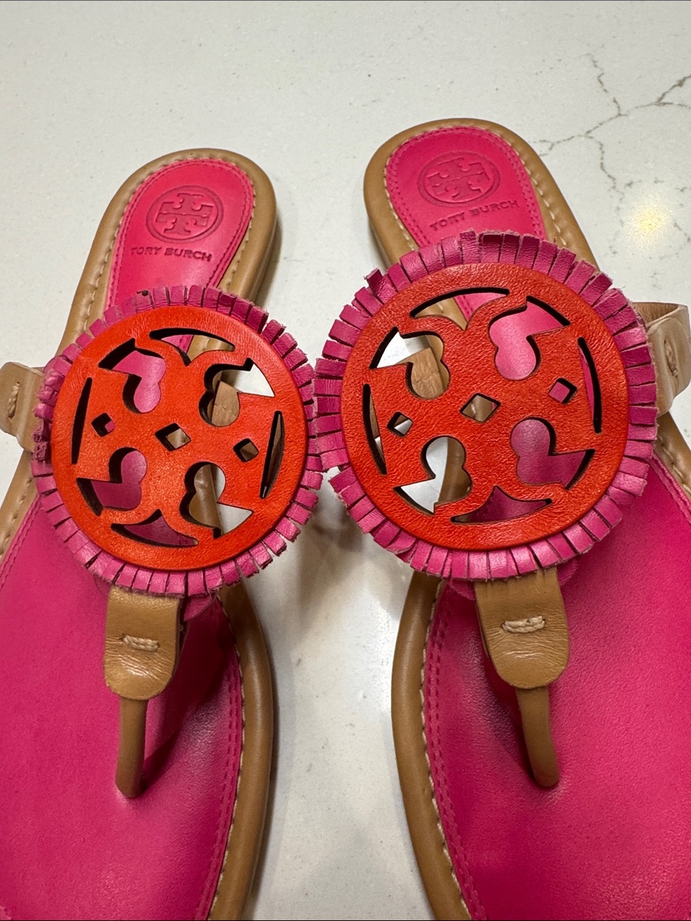 Tory Burch Pink and Tan Leather Fringe Miller Sandals Worn Once Sz8.5 - Picture 3 of 5